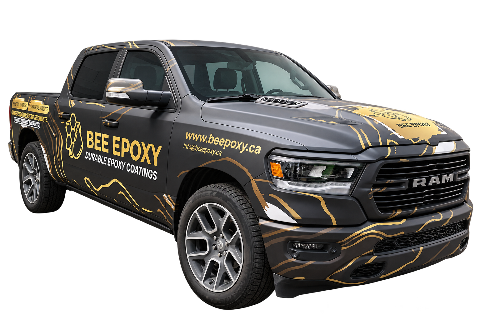 Bee Epoxy RAM pickup with charcoal and gold commercial wrap graphics