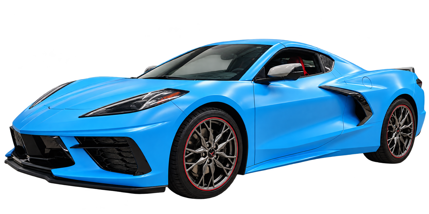 Blue Chevrolet Corvette colour-change wrap, front three-quarter view