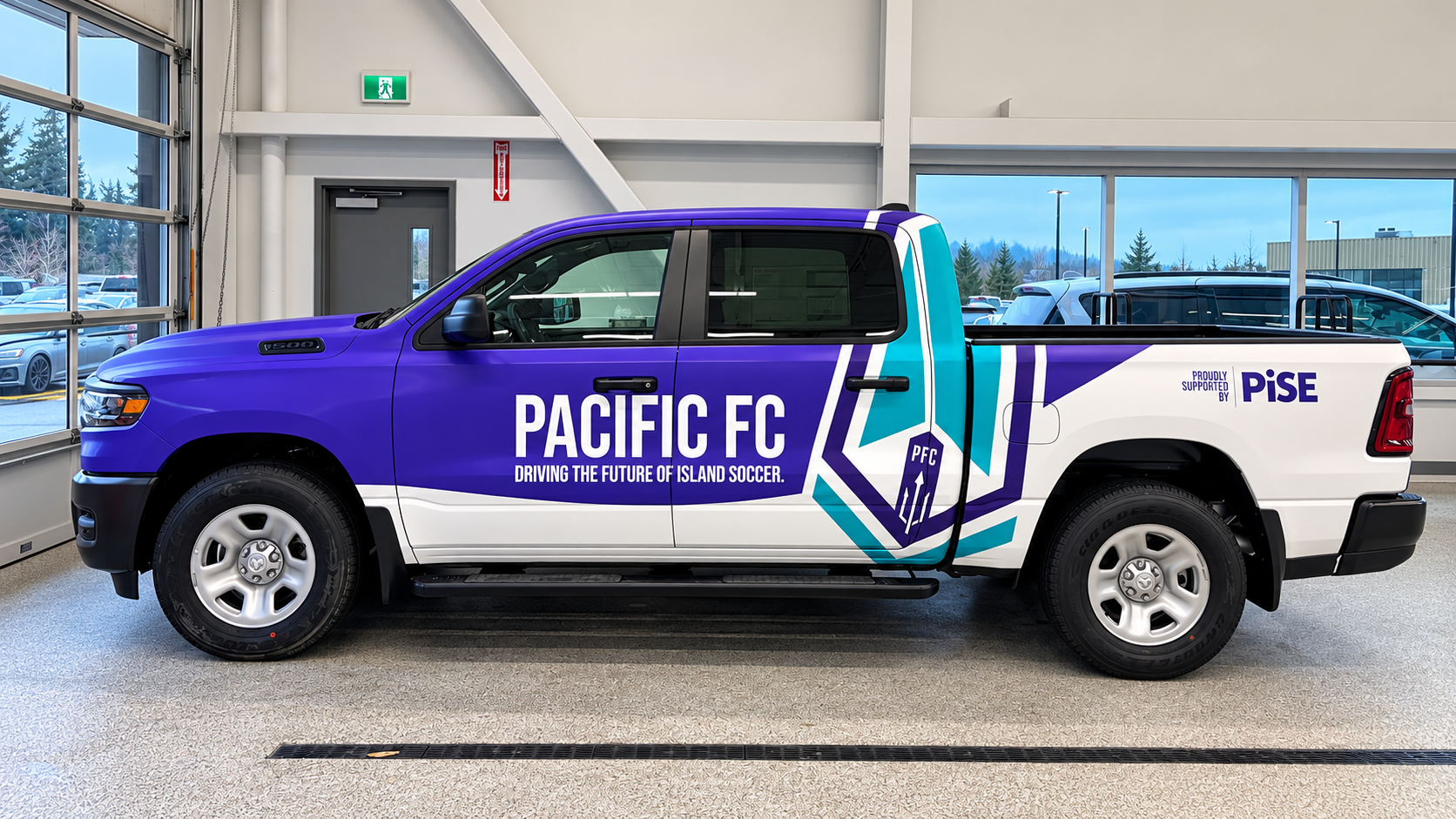 Pacific FC pickup with purple and teal commercial vehicle graphics